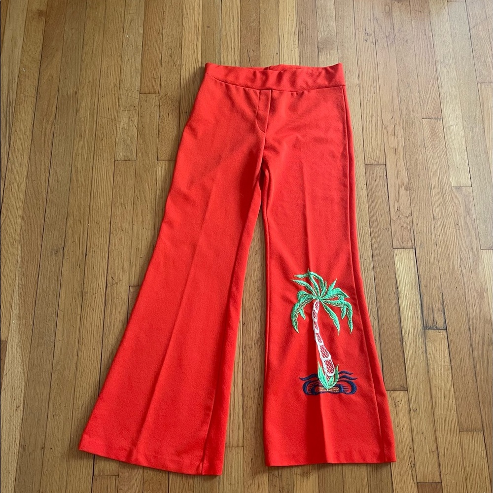 70s Vintage Double Knit Orange Kick Flares w Embroidered Palm Tree - Picture 4 of 9